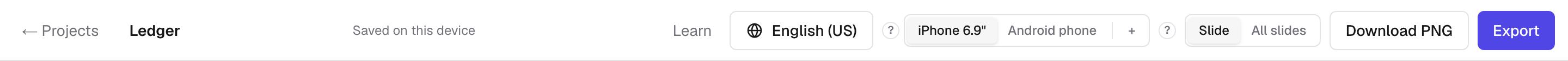 The bar at the top of the editor, with the size pills, the plus button and the Export button.