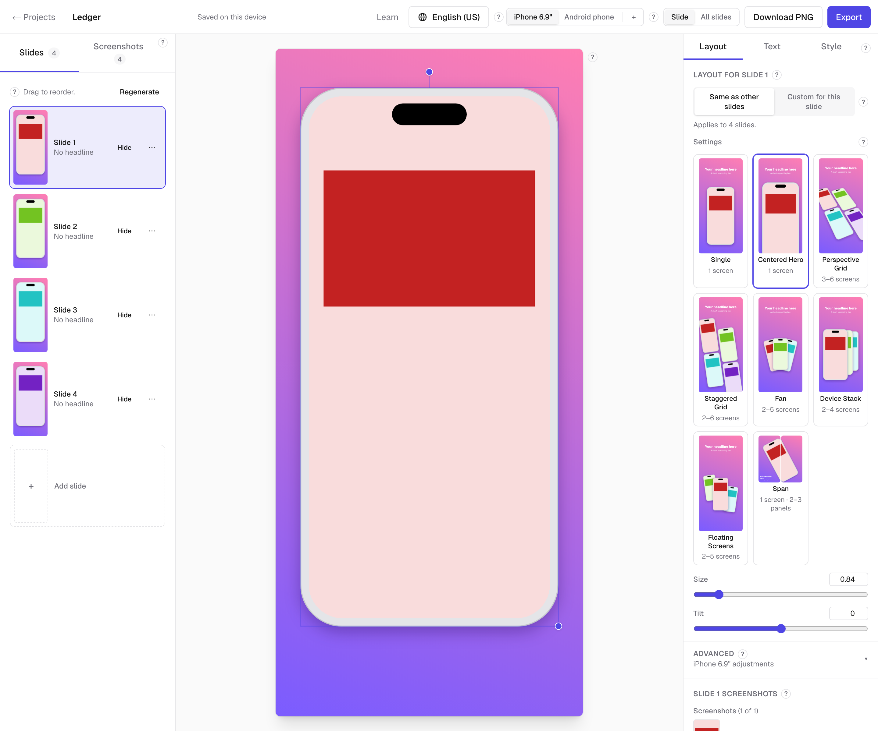 The Store Screenshot Generator editor, showing a slide list, a phone preview on a gradient background, and layout options