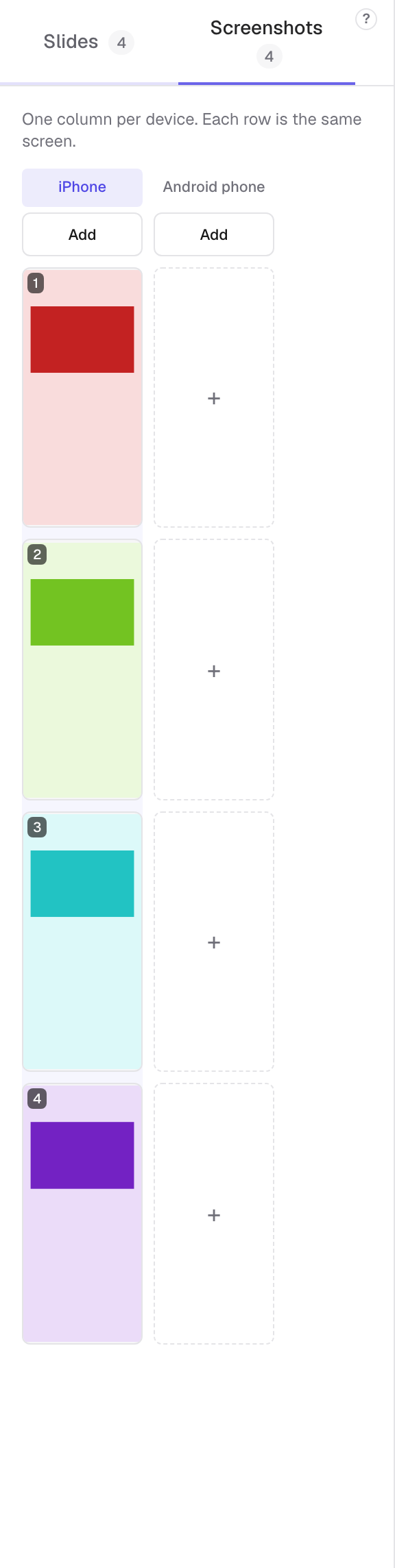 The Screenshots tab, showing every screen added to the project.