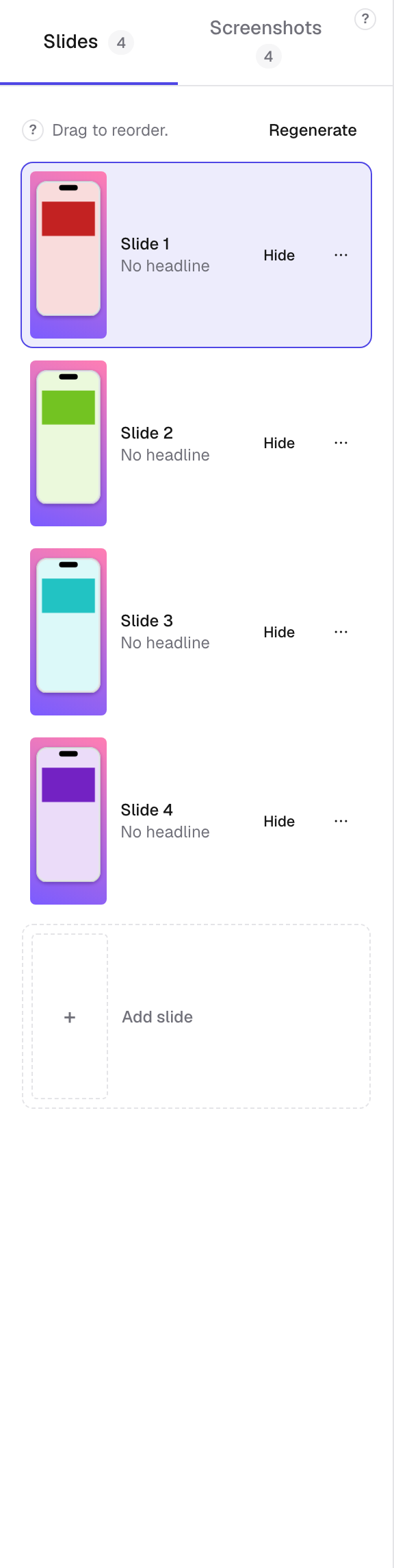 The slides list on the left, with four slides and the dashed tile that adds another.